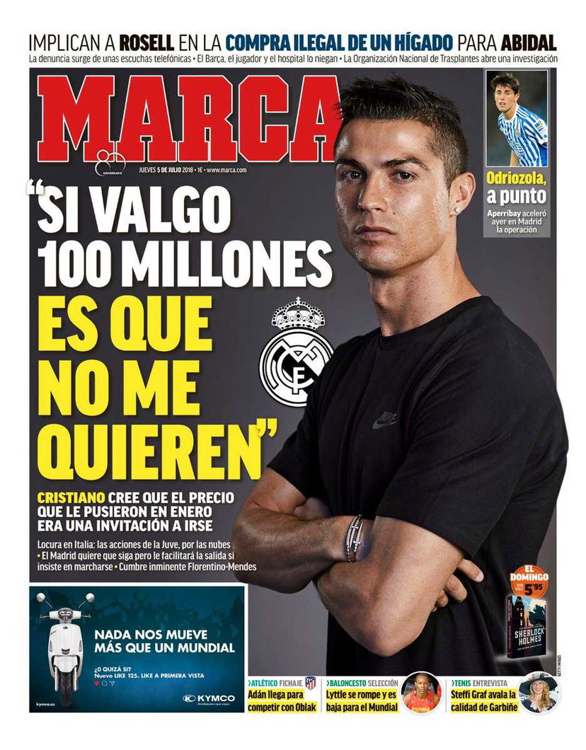 Marca e il virgolettato di Ronaldo: “Se valgo 100 milioni significa che non mi vogliono” preview