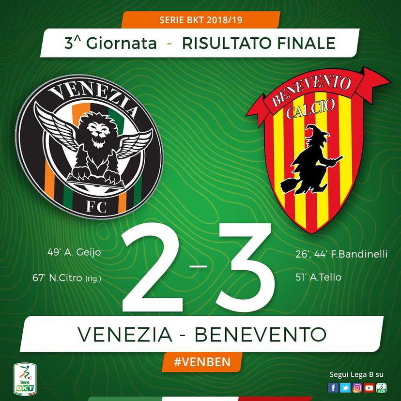 Serie B: il Benevento espugna Venezia, al Penzo termina 3-2 preview