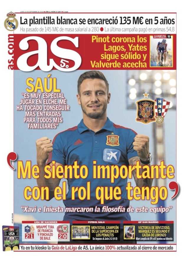 AS in prima pagina: Saul scalpita in vista della sfida con la Croazia preview