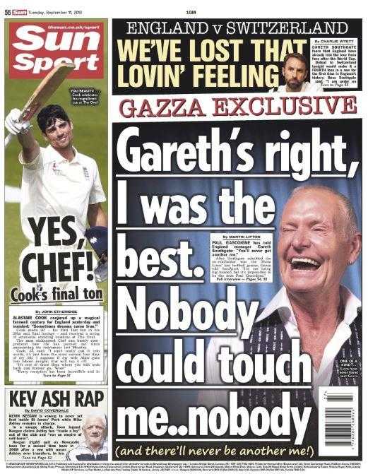 Sun in prima pagina: Gascoigne dà ragione a Southgate preview