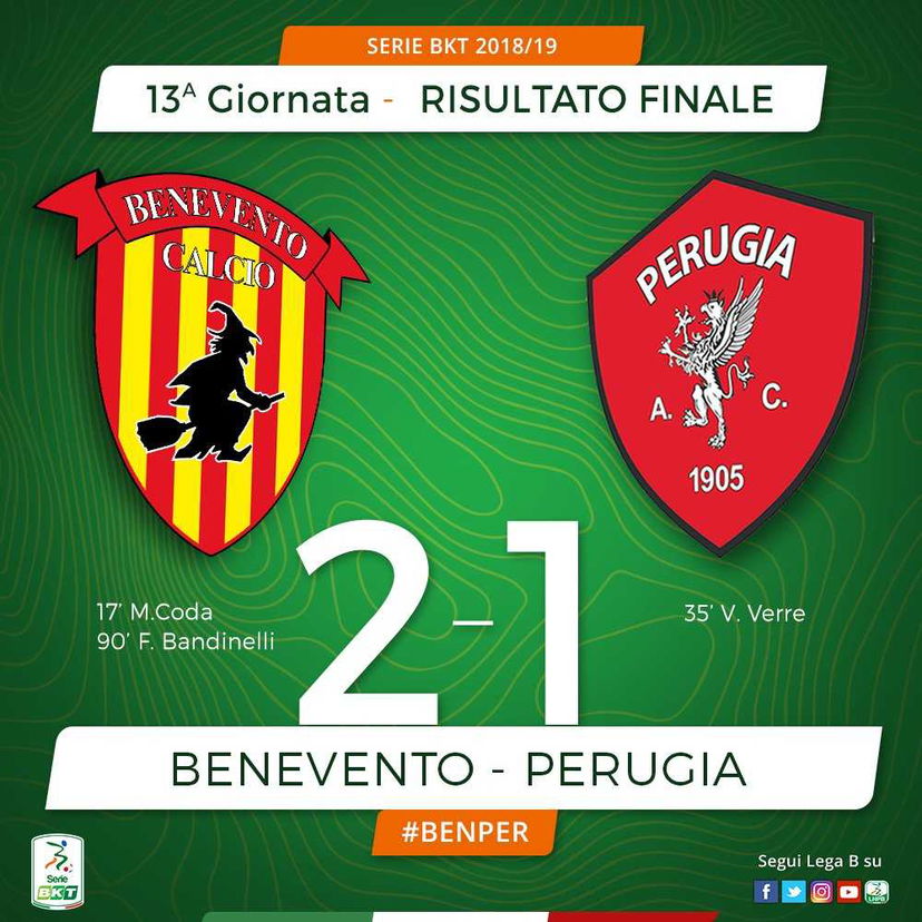 Serie B: Benevento-Perugia è 2-1, decisiva la rete di Bandinelli al 90′ preview
