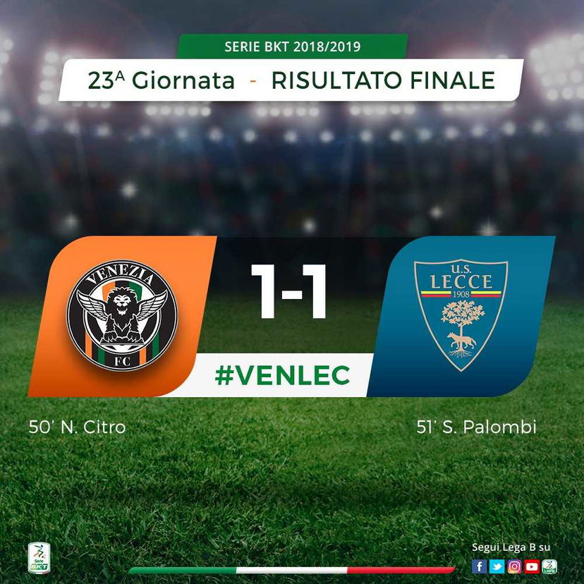 Serie B: Venezia-Lecce 1-1, a Citro risponde subito Palombi preview