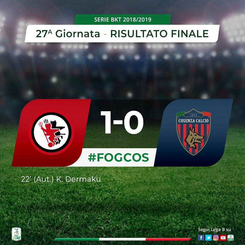 Serie B: il Foggia ritrova il successo, col Cosenza decide un autogol di Dermaku preview