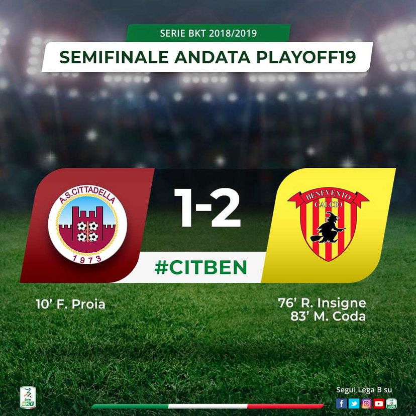 Insigne più Coda, il Benevento ribalta il Cittadella: 2-1 nell’andata della semifinale preview