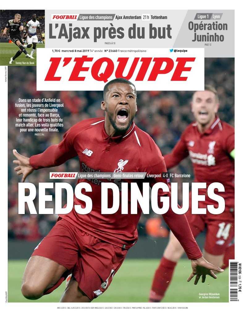 L’Equipe celebra il Liverpool: “Pazzi reds” preview