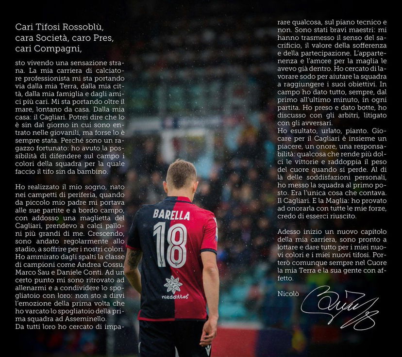 Barella, lettera di addio per i tifosi del Cagliari preview