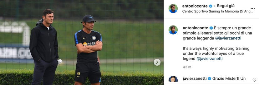 Conte esalta Zanetti: “Un grande stimolo allenarsi con una leggenda alle spalle” preview
