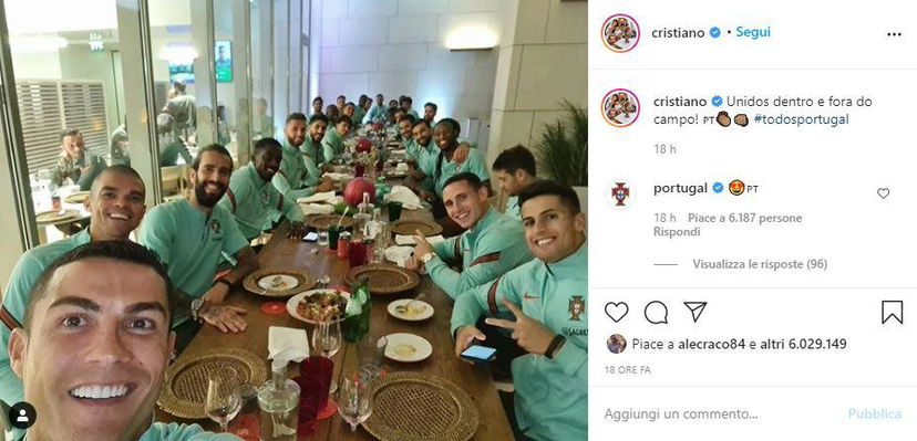 Cristiano Ronaldo positivo al Covid. Ieri sera la foto della cena con i compagni del Portogallo preview