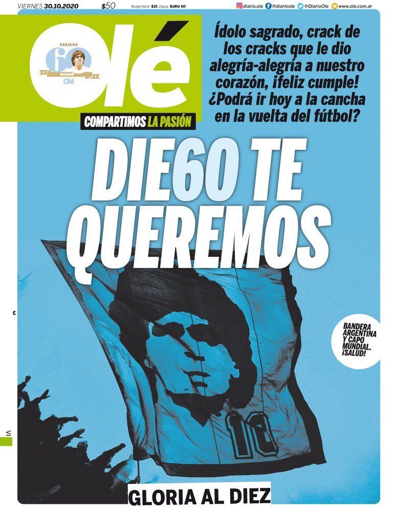 Maradona 60, l’apertura di Olè: “Die60, ti amiamo. Gloria al diez!” preview