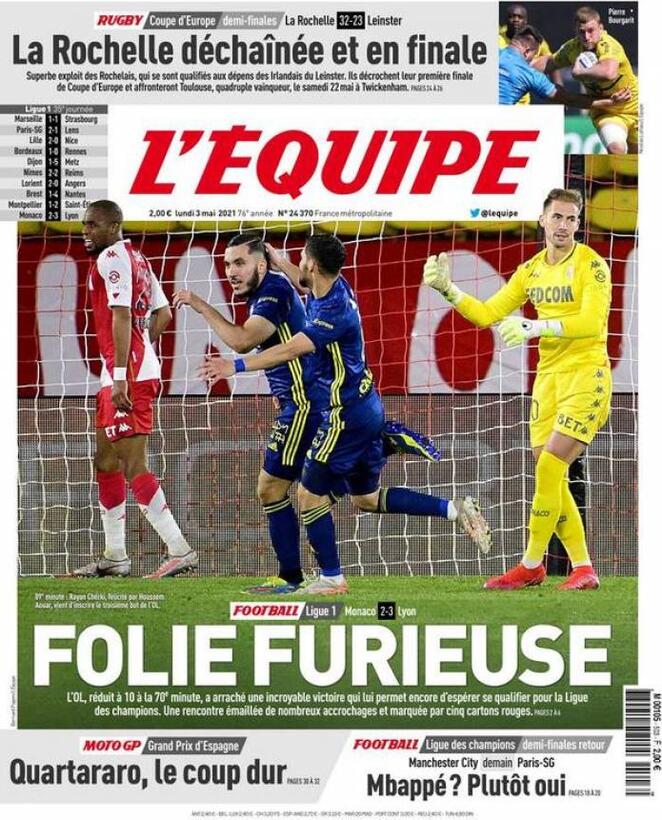 L’apertura de l’Équipe: “Monaco-Lione, follia furiosa”. Tanti gol e 5 espulsioni preview