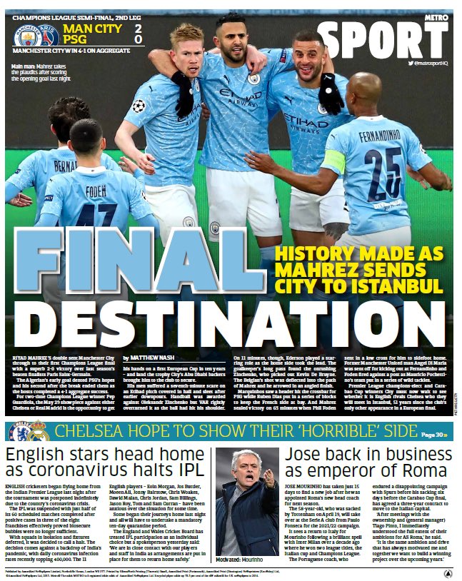 Le aperture inglesi: “Manchester City, final destination”. Su Mourinho: “Josè, imperatore di Roma” preview