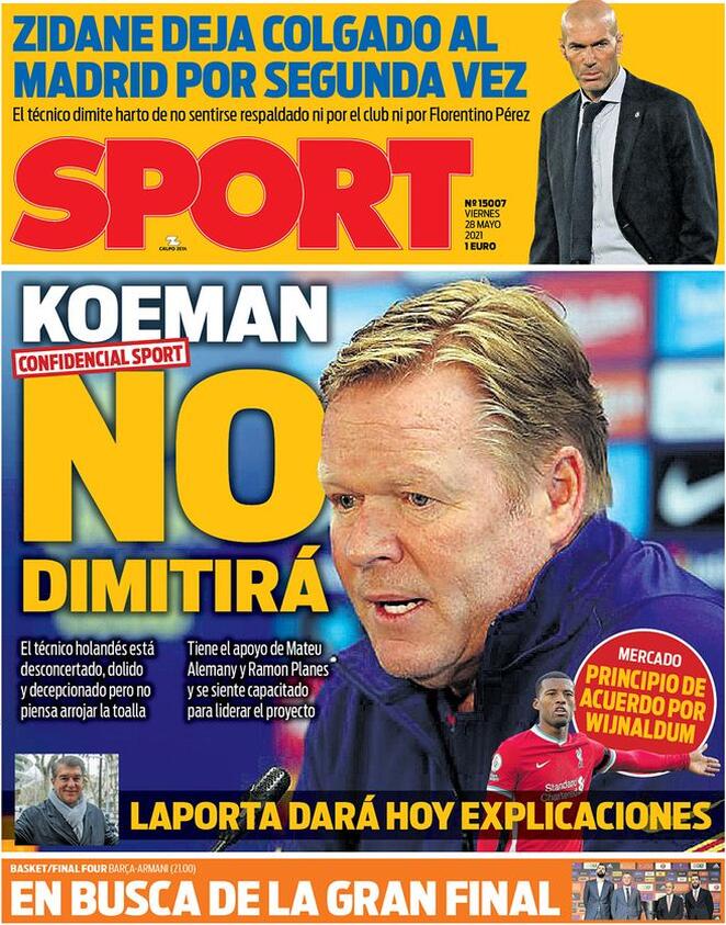 Le aperture dei quotidiani spagnoli, Sport: “Koeman non si dimetterà”. Mundo Deportivo: “Zidane se ne va (di nuovo)” preview