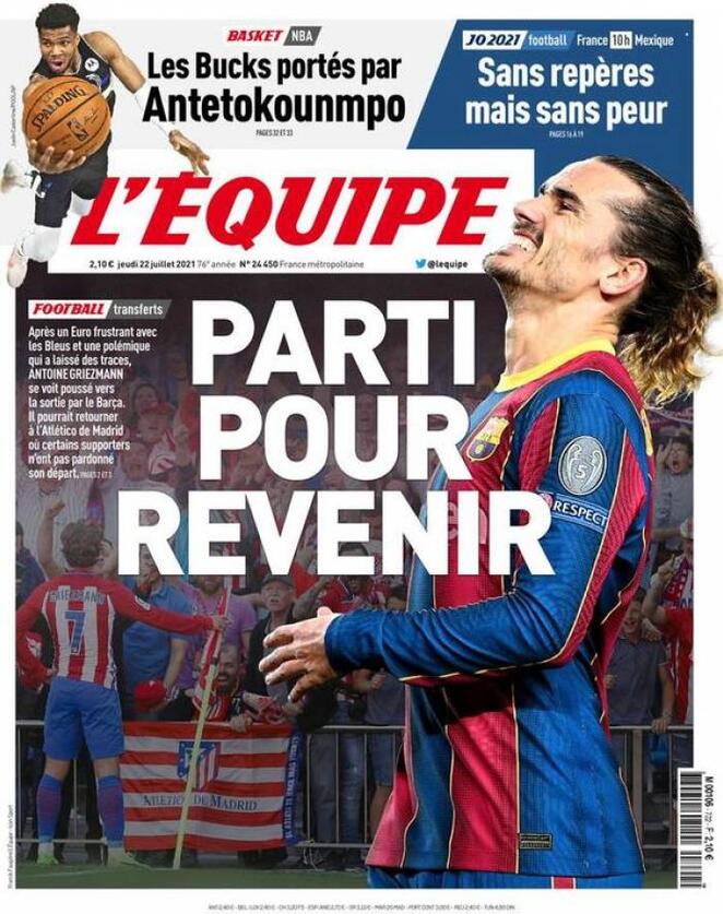 Apertura de L’Équipe, “Griezmann partito per ritornare” preview