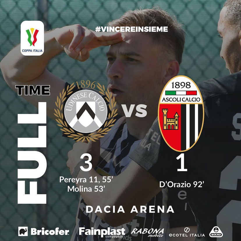 Coppa Italia, 3-1 dell’Udinese all’Ascoli. Decidono Pereyra (doppietta) e Molina preview