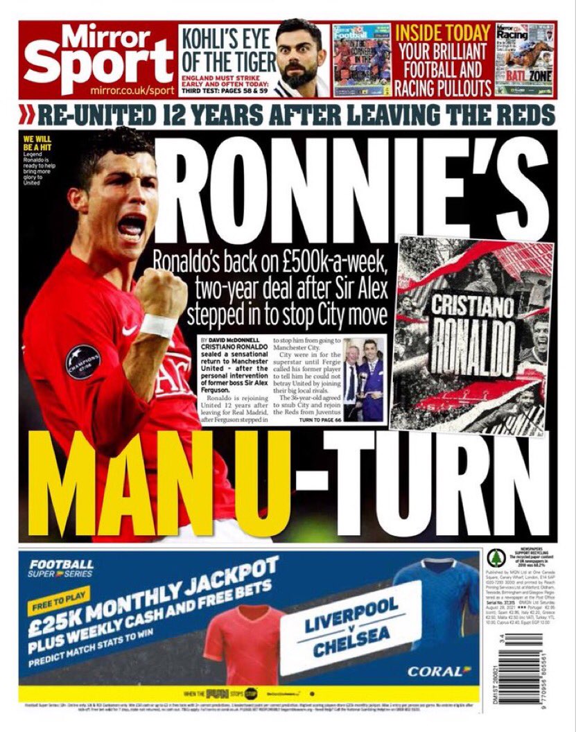 Le prime pagine inglesi sul ritorno allo United di CR7 article-post