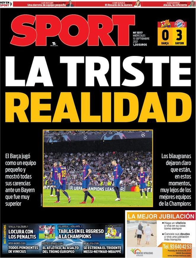 Le aperture di Sport ed El Mundo Deportivo: Barcellona. La triste realtà. Tanto Bayern preview