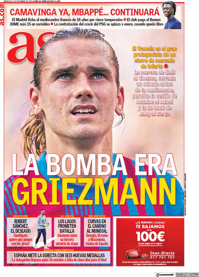 L’apertura dei quotidiani spagnoli, As: “La bomba era Griezmann” preview