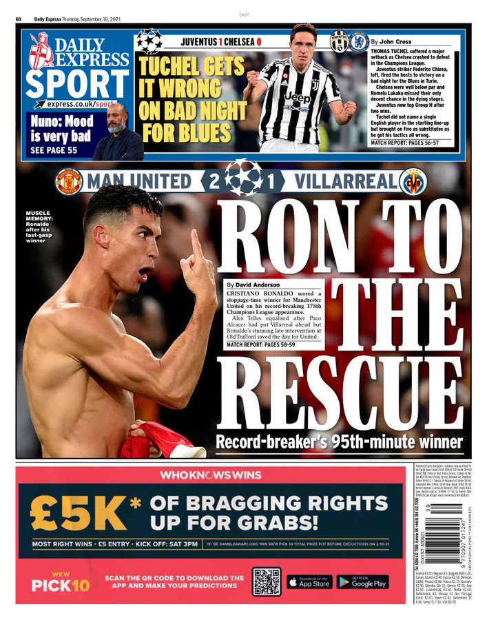 Le prime pagine inglesi: “Ronaldo in soccorso”. Su Juve-Chelsea: “Brutta notte per i Blues” preview
