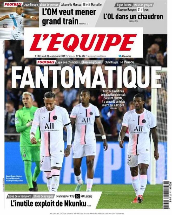 La prima pagina dell’Equipe sul pareggio del PSG contro il Bruges: “Fantomatique” preview