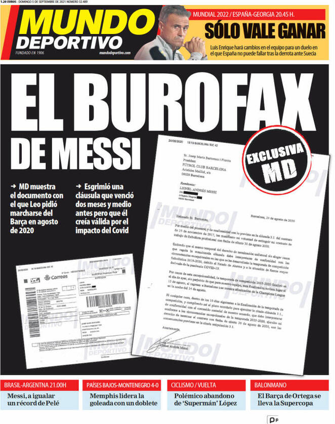 L’apertura del Mundo Deportivo: “Il burofax di Messi” preview