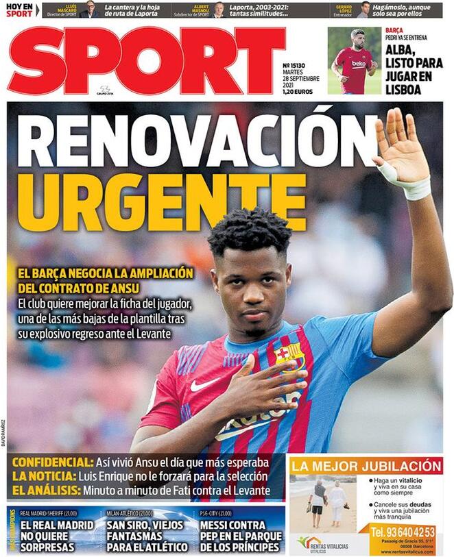 La prima pagina di Sport dedicata ad Ansu Fati: “Rinnovo urgente” preview