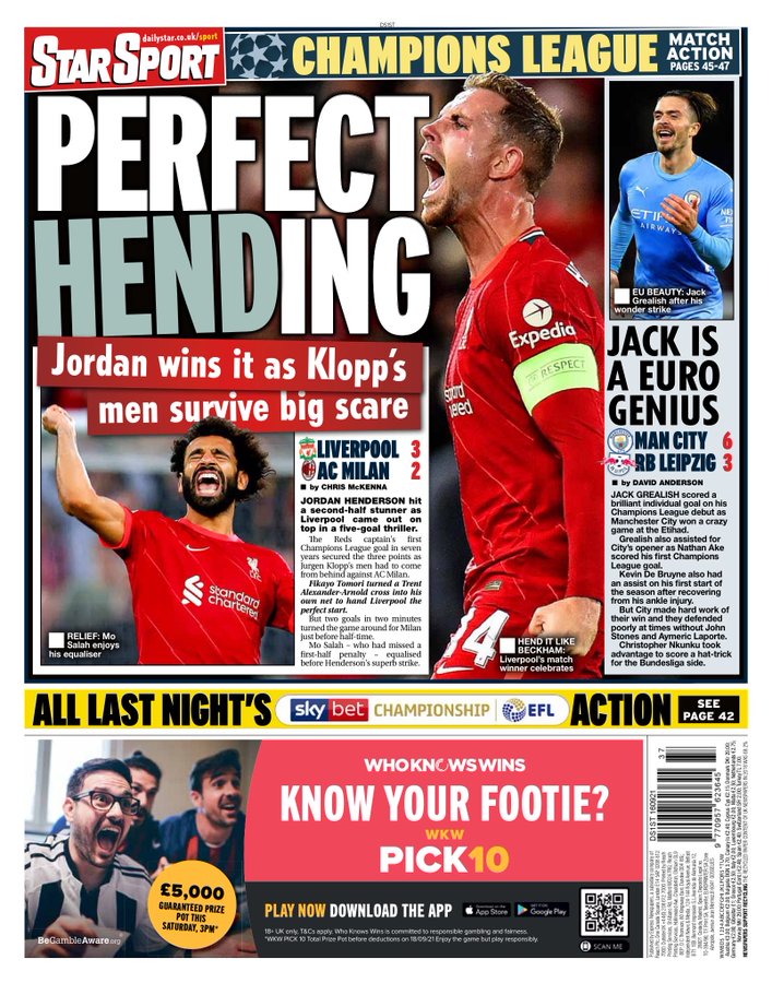 L’apertura dei quotidiani inglesi dedicati alla vittoria del Liverpool sul Milan preview