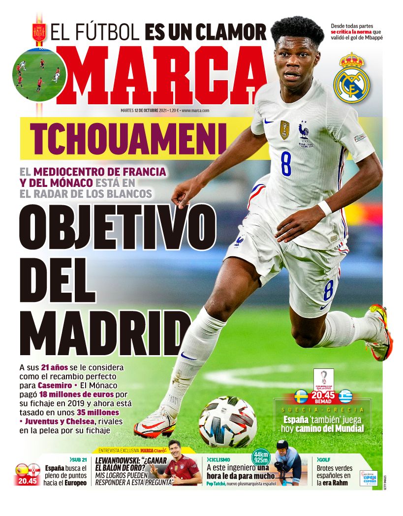 Marca in prima pagina: “La Juventus sfida il Real Madrid per Tchouameni” preview