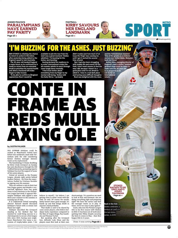 Le aperture inglesi: “Conte alla finestra mentre lo United valuta l’esonero di Solskjaer” preview