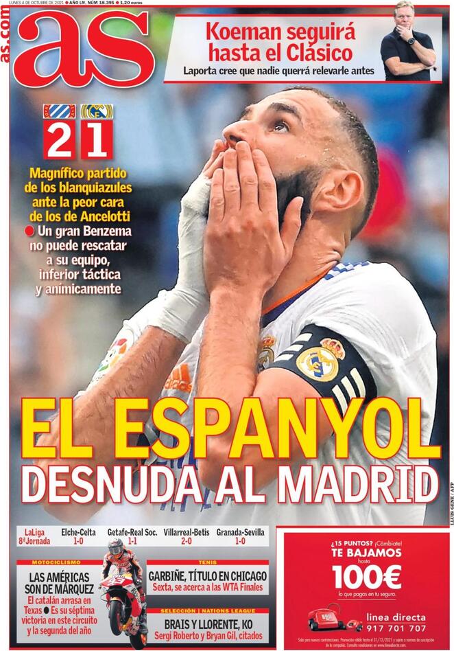 L’apertura odierna di AS: “L’Espanyol spoglia il Real Madrid” preview