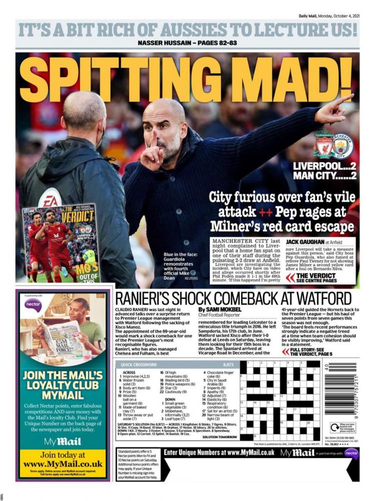Le prime pagine inglesi: “Ranieri in soccorso del Watford”. Su Liverpool-City: “Guardiola furioso con l’arbitro” preview