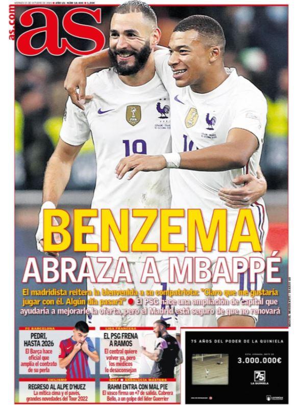Spagna, le aperture dei quotidiani sportivi: “Benzema abbraccia Mbappé” preview