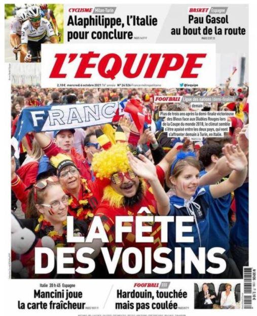 L’apertura de L’Equipe: “Belgio-Francia. La festa dei vicini” preview