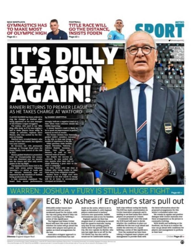 Inghilterra, le aperture dei quotidiani sul ritorno di Ranieri in Premier: “Dilly Ding! Claudio is back” article-post