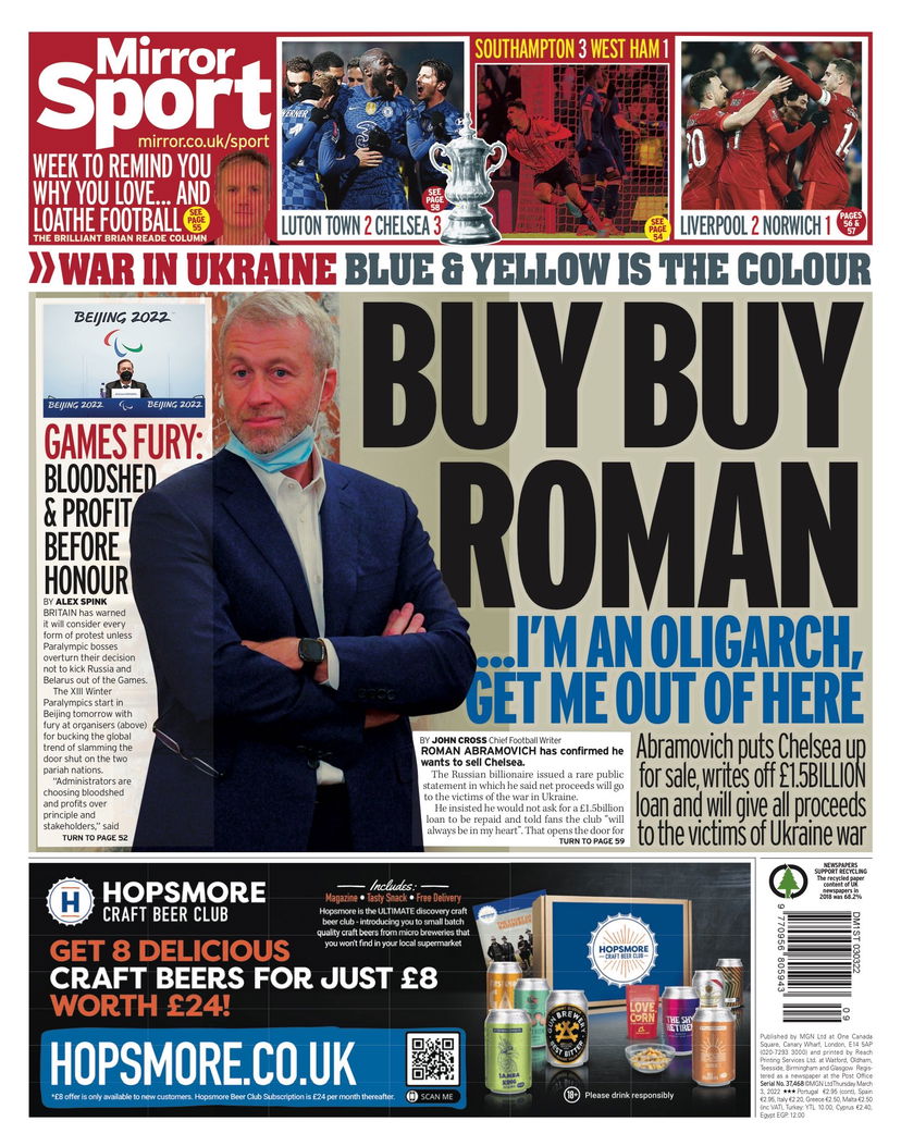 Abramovich vende il Chelsea, la prima pagina del Mirror: “Buy buy Roman” preview