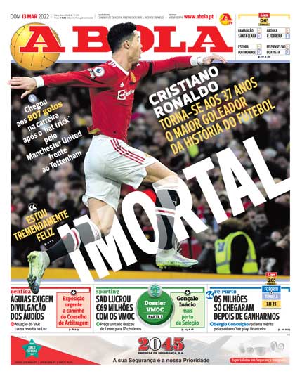 Eterno Ronaldo, è il miglior marcatore della storia. A Bola lo celebra in prima pagina: “Immortale” preview