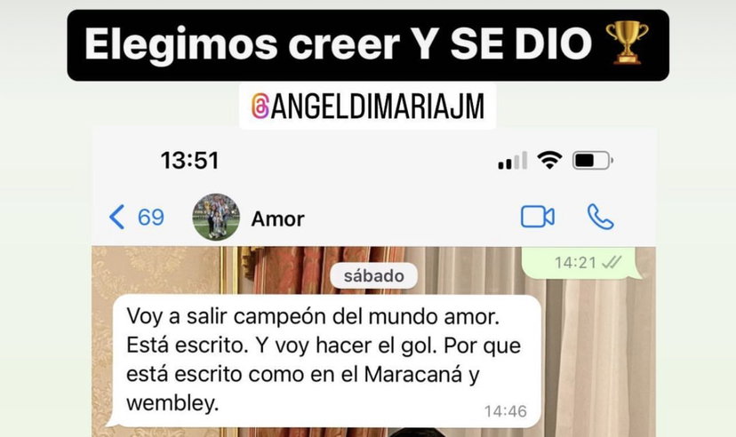 Di Maria aveva previsto tutto. Il messaggio alla moglie: “Farò gol e vinceremo la Coppa del Mondo” preview