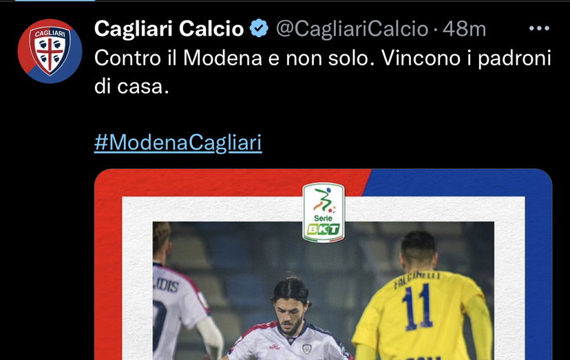 Cagliari ko, il tweet polemico dei sardi: “Contro il Modena e non solo” preview