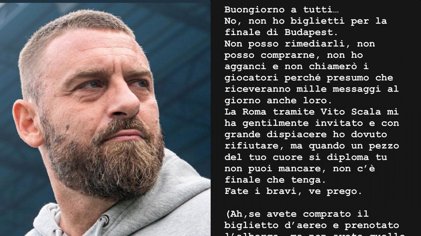 De Rossi: “Non potrò essere a Budapest e non posso rimediarvi i biglietti. Fate i bravi” preview