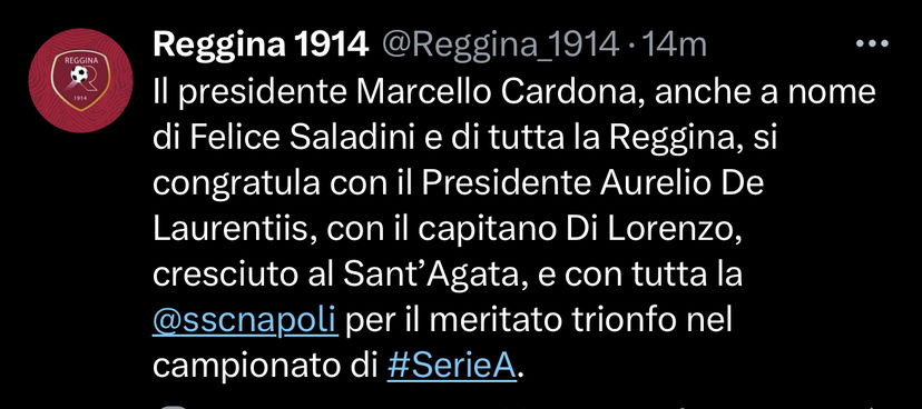 La Reggina applaude il Napoli: “Complimenti per il meritato trionfo” preview
