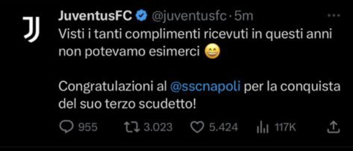 Il tweet della Juve: “Congratulazioni al Napoli! Visti i tanti complimenti ricevuti in questi anni non potevamo esimerci” article-post