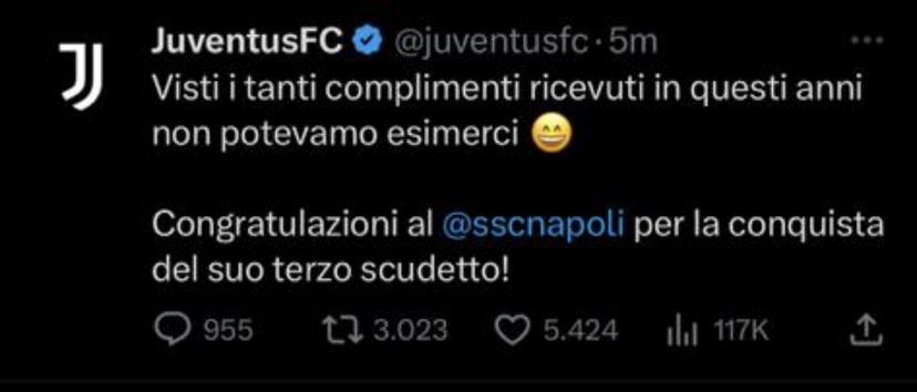 Il tweet della Juve: “Congratulazioni al Napoli! Visti i tanti complimenti ricevuti in questi anni non potevamo esimerci” preview