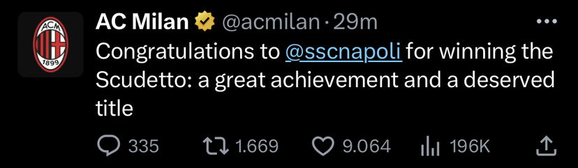 Il Milan applaude il Napoli: “Grande traguardo e titolo meritato” preview