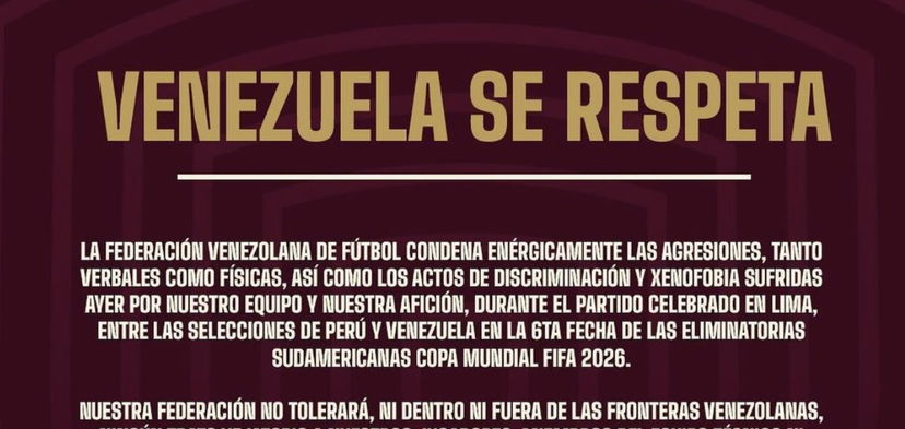 La Federcalcio venezuelana denuncia: “Abbiamo subito attacchi verbali, fisici e xenofobi in Perù” preview