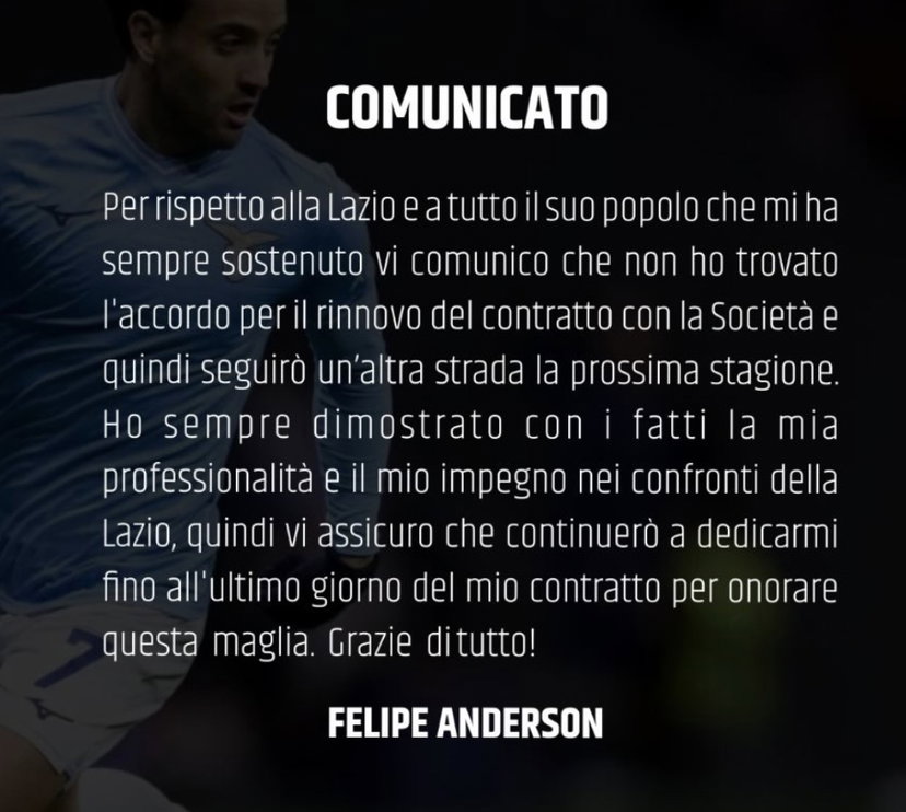Felipe Anderson annuncia l’addio alla Lazio: “Non ho trovato l’accordo per il rinnovo” preview