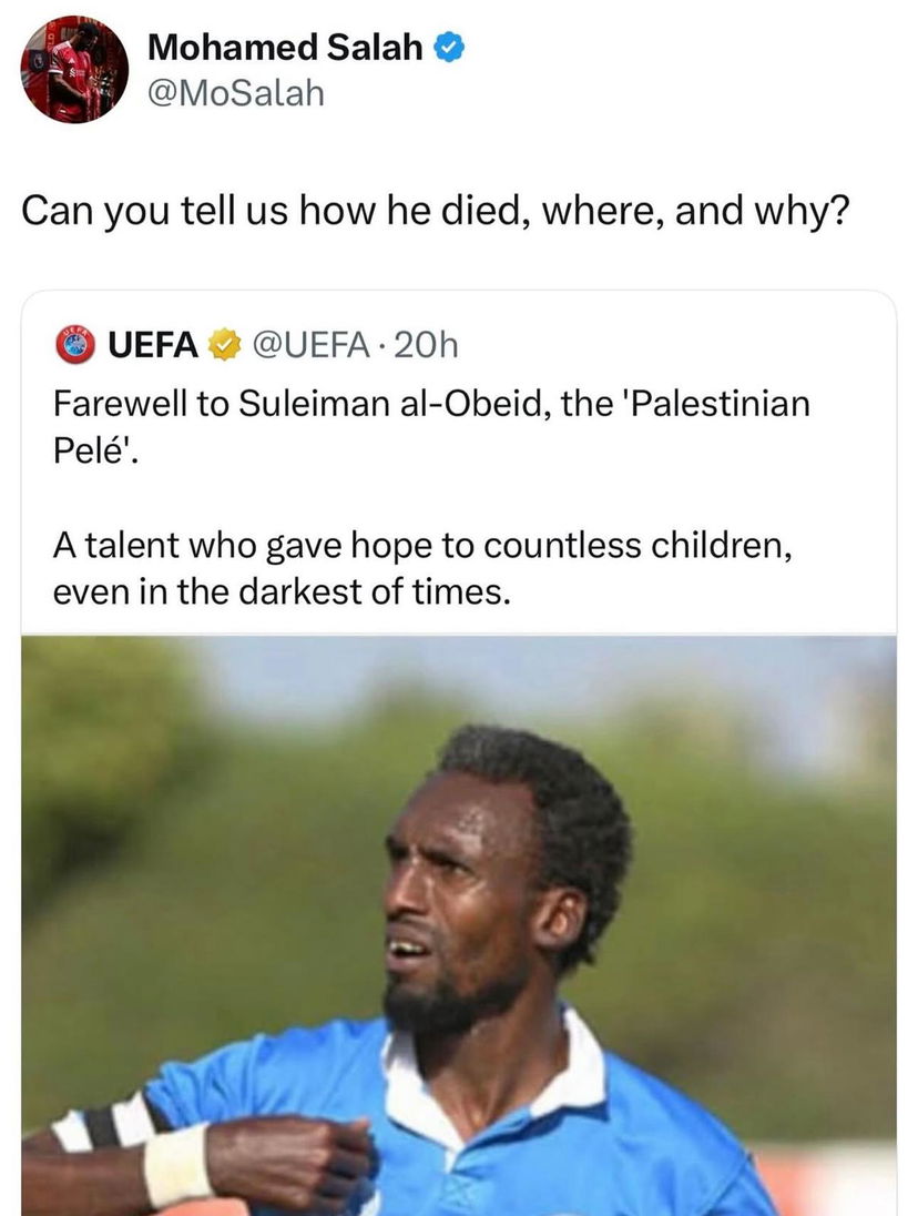Salah attacca la UEFA: il post di indignazione legato alla morte del “Pelé palestinese” preview