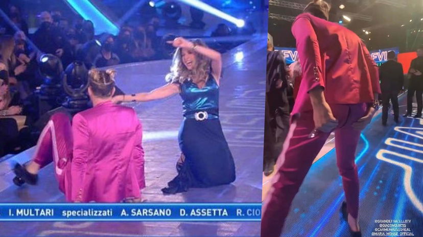 Giacomo Urtis cade nello studio del GF Vip e si strappa i pantaloni preview