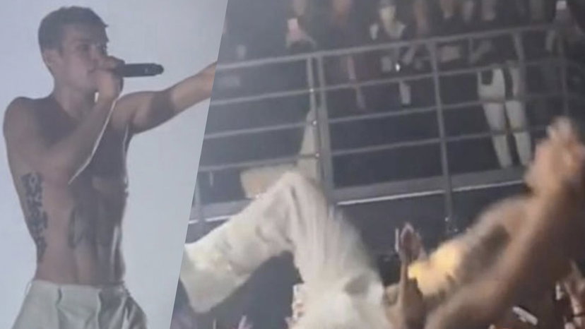 Blanco si lancia dal palco ma il pubblico non lo prende e cade a terra preview