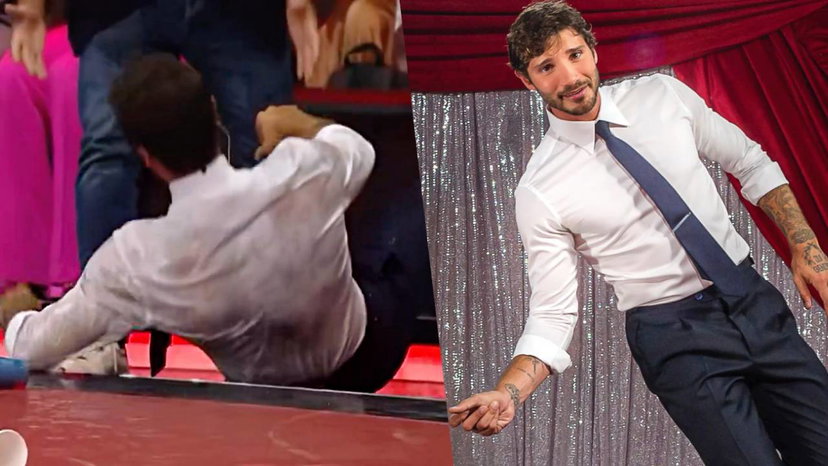 Caduta in diretta per Stefano De Martino, che finisce a terra tutto bagnato preview