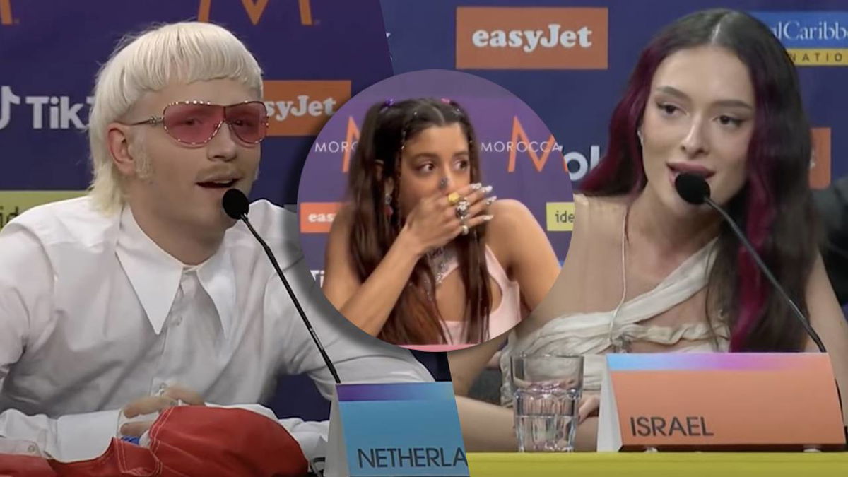 Joost Klein e Marina Satti di Paesi Bassi e Grecia contro Eden Golan di Israele durante la conferenza stampa di Eurovision article-post