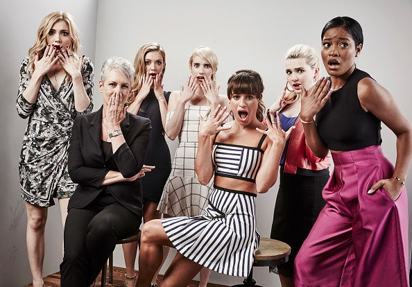 SAN DIEGO, CA - JULY 11: (L-R) Actresses Skyler Samuels, Jamie Lee Curtis, Billie Lourd, Emma Roberts, Lea Michele, Abigail Breslin, and Keke Palmer of "Scream Queens" pose for a portrait at the Getty Images Portrait Studio Powered By Samsung Galaxy At Comic-Con International 2015 at Hard Rock Hotel San Diego on July 11, 2015 in San Diego, California. (Photo by Maarten de Boer/Getty Images)